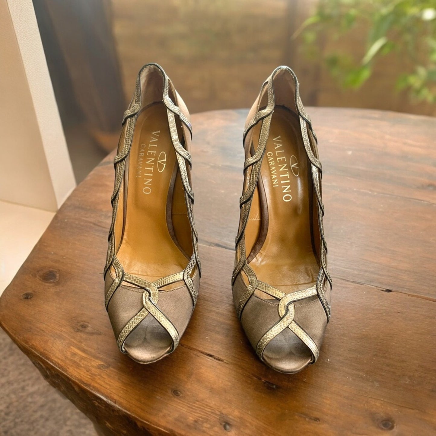 Valentino Garavani Size EU 37.5 Brown Satin Peep Toe Heels with Silver Trim