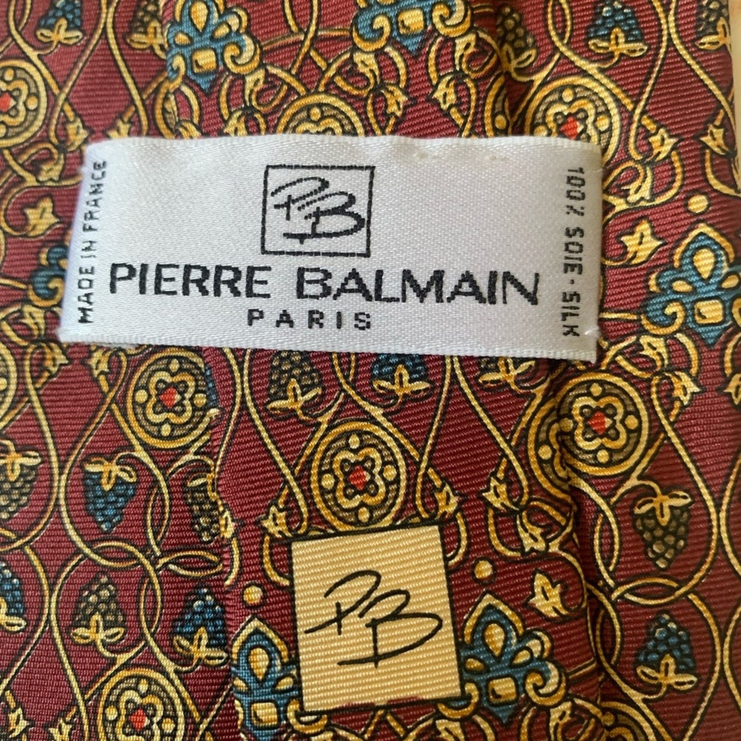 Pierre Balmain PARIS Made in France 100% Silk Burgundy Geometric Motif Neck Tie