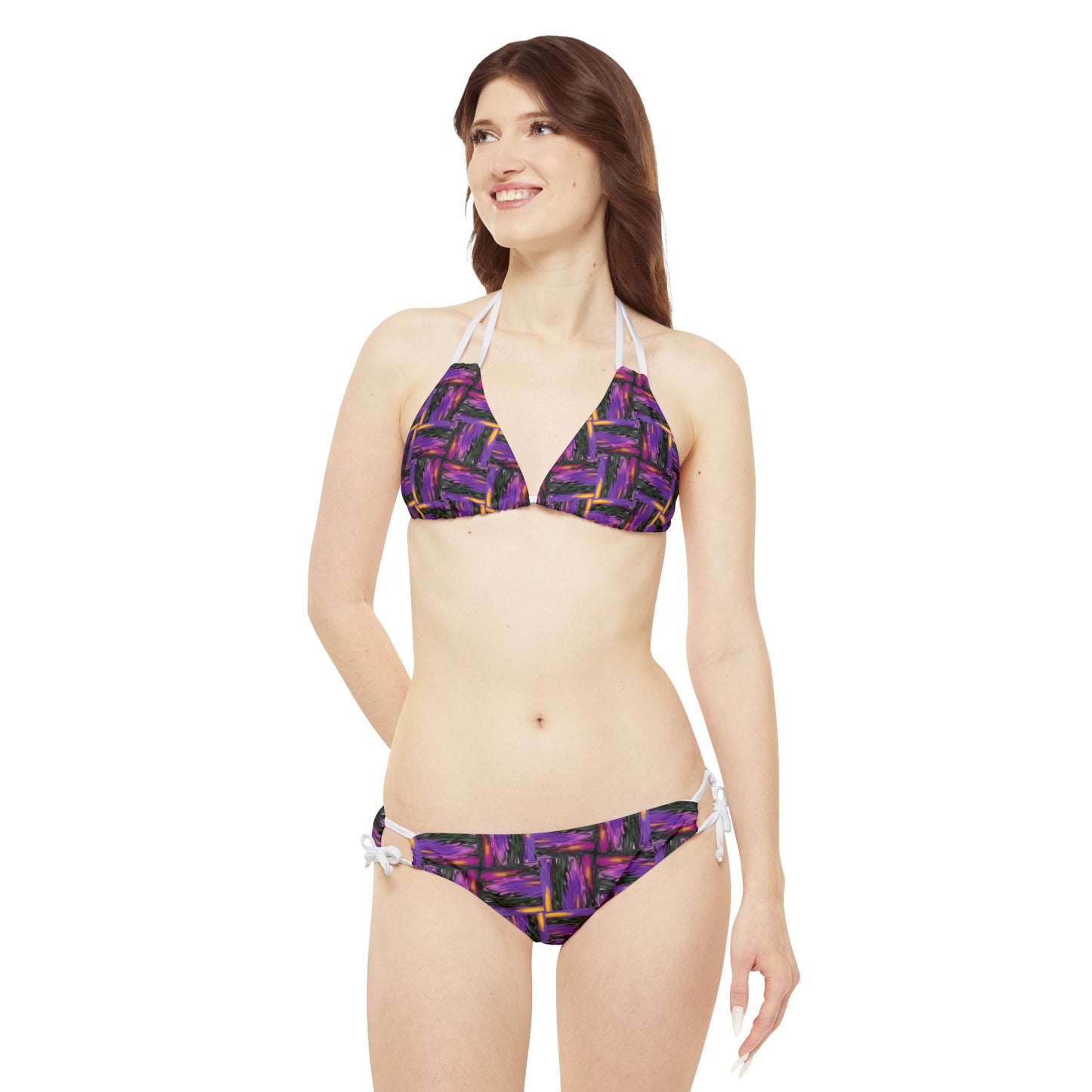 Purple Geometric Basketweave Pattern Strappy Bikini Set