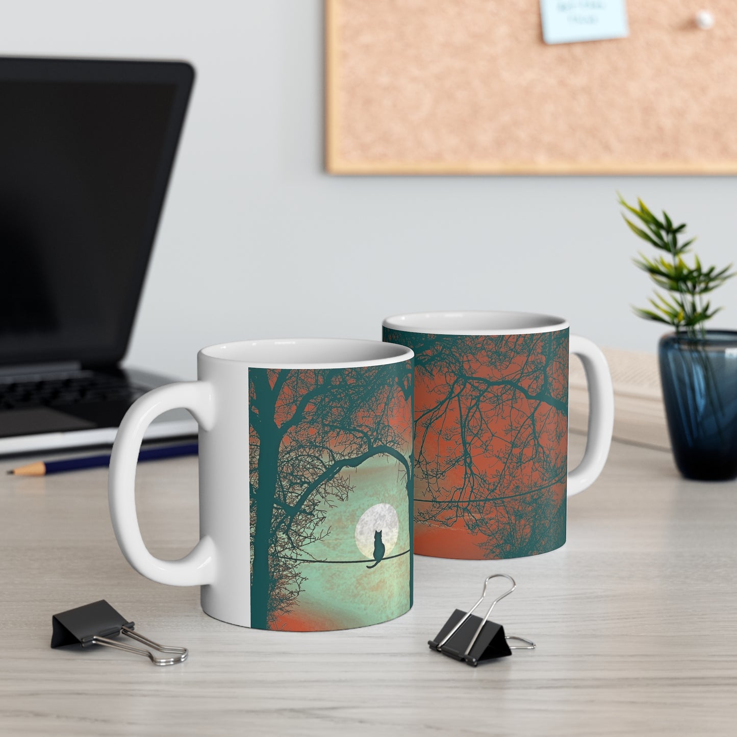 Spooky Season Black Cat on a Wire Moody Mug Art to Drink Ceramic Coffee Mug 11oz