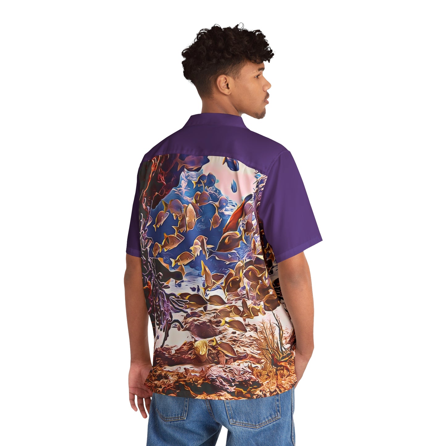 Fish Under the Sea Marine Life Oceanic Landscape Art to Wear Men's Hawaiian Shirt Purple