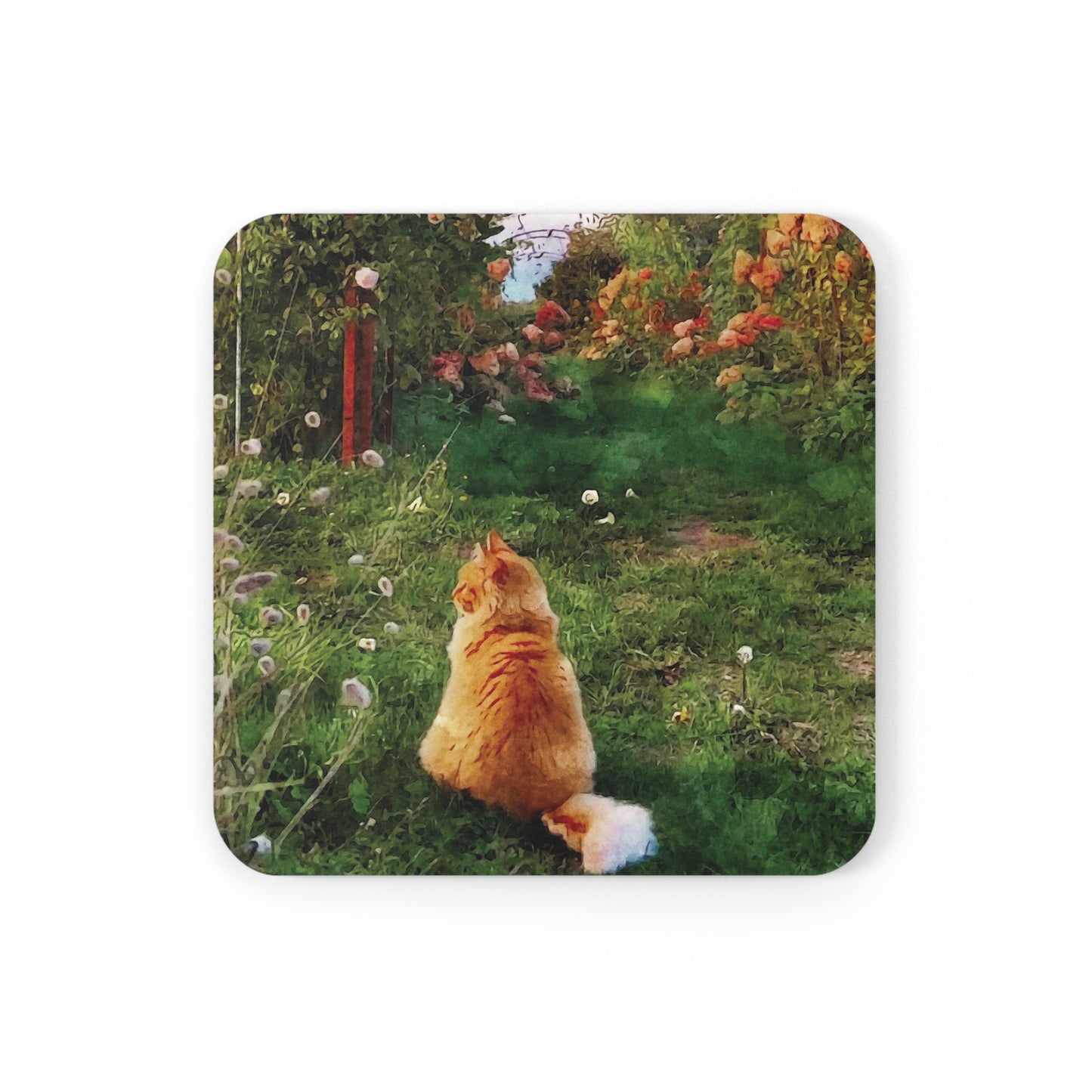 Cat in the Garden Art on a Cork Back Coaster