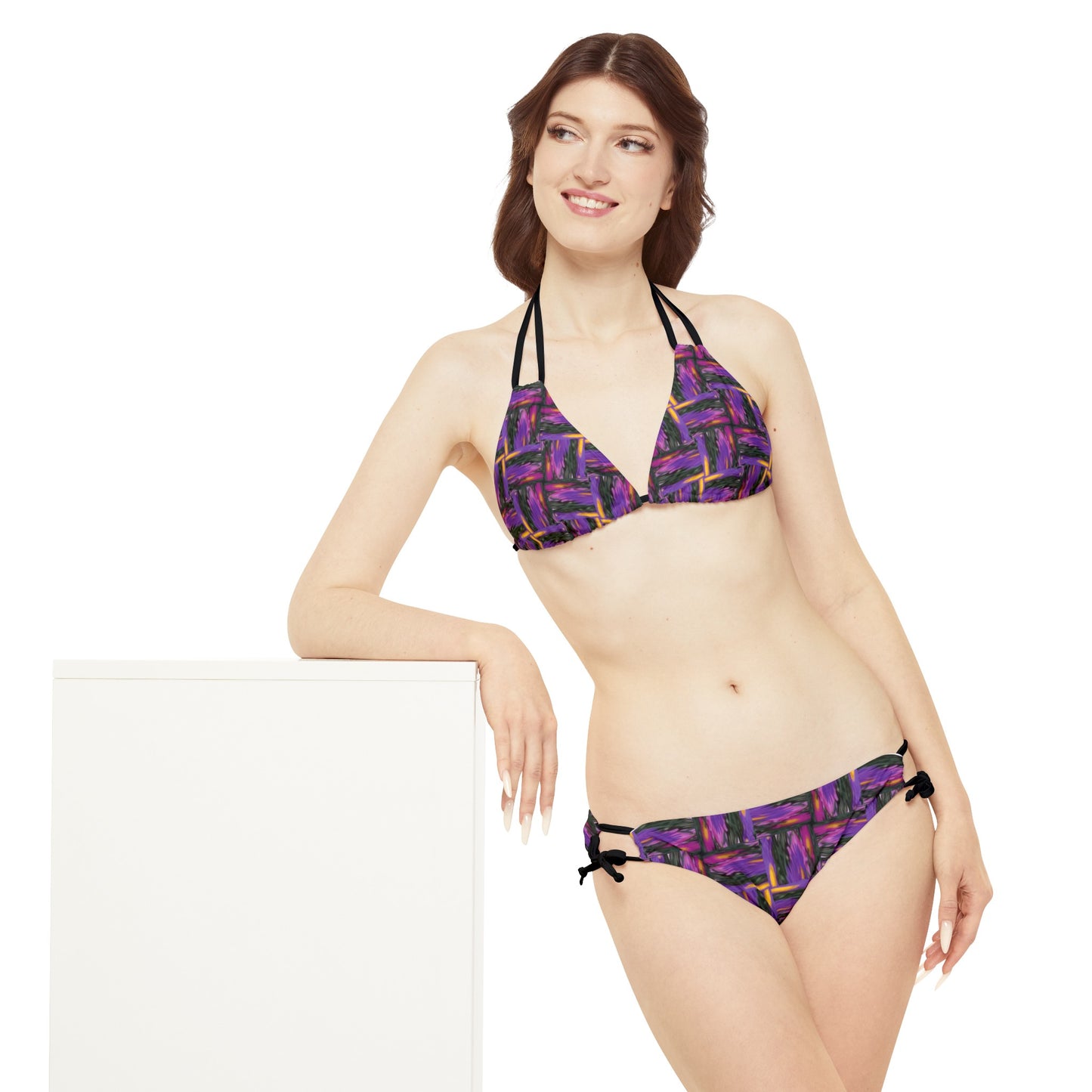 Purple Geometric Basketweave Pattern Strappy Bikini Set