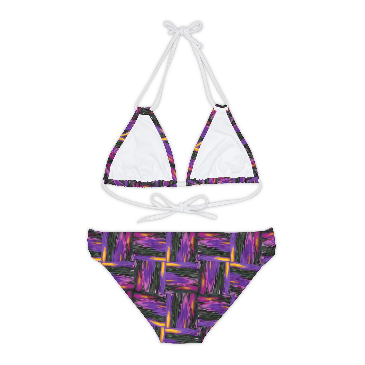 Purple Geometric Basketweave Pattern Strappy Bikini Set