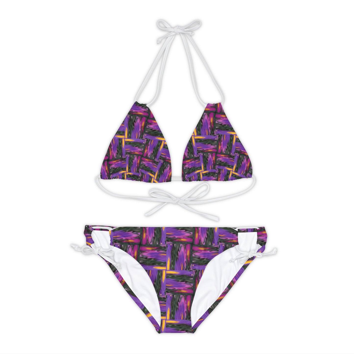 Purple Geometric Basketweave Pattern Strappy Bikini Set