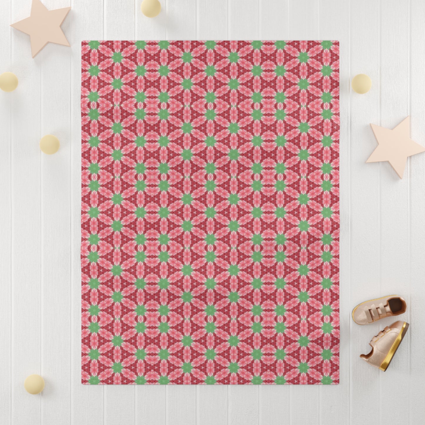 Pink and Green Faux Gingham Floral Nursery Soft Fleece Baby Blanket