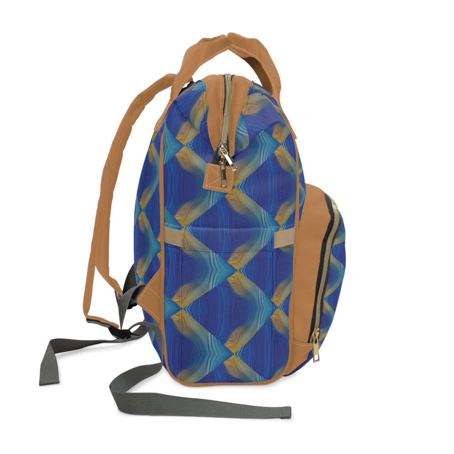 Blue and Brown Geometric Print Multifunctional Diaper Backpack