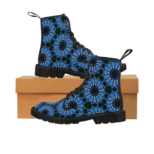 Dark Blue and GoldBloom Floral Patterned Black Canvas Boots