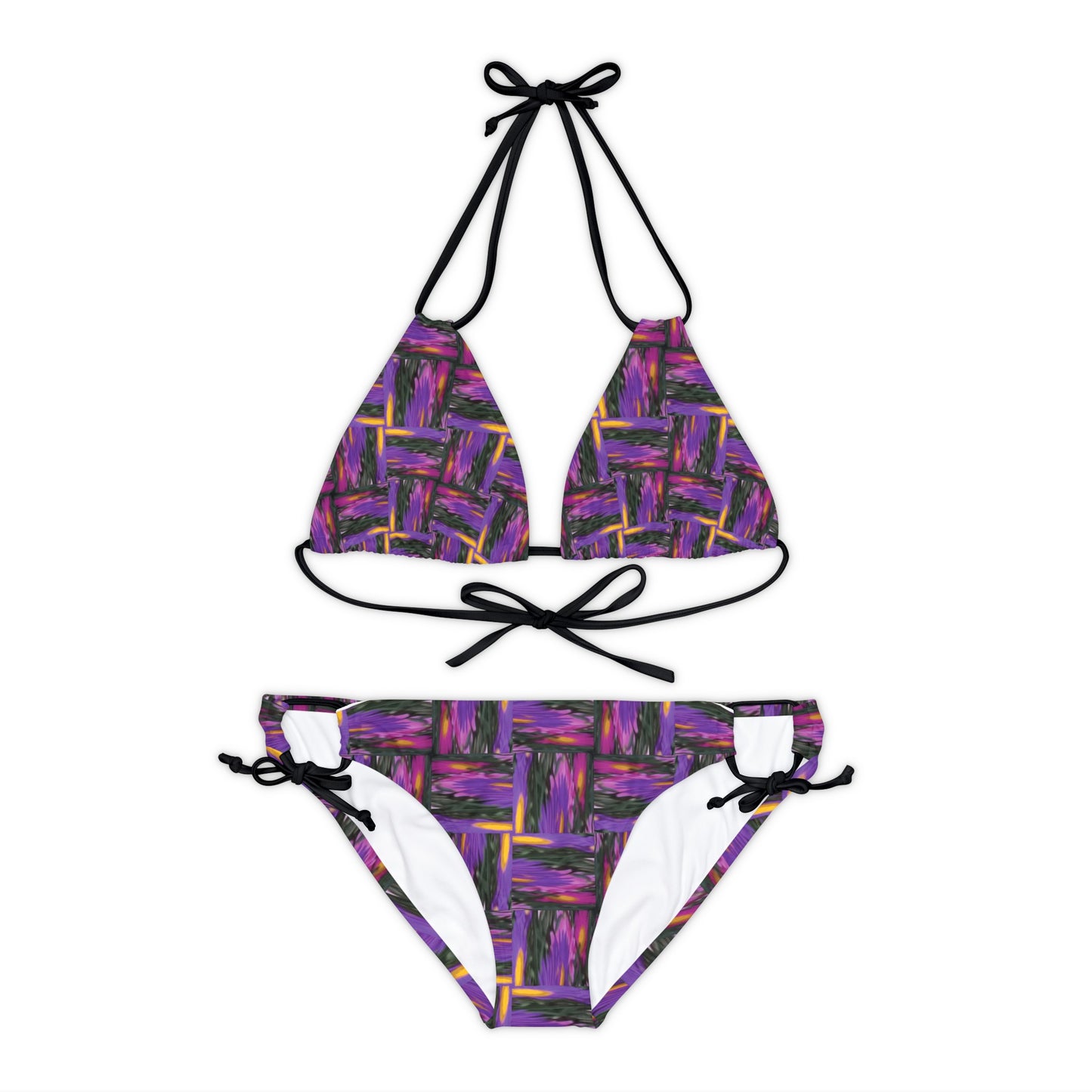 Purple Geometric Basketweave Pattern Strappy Bikini Set