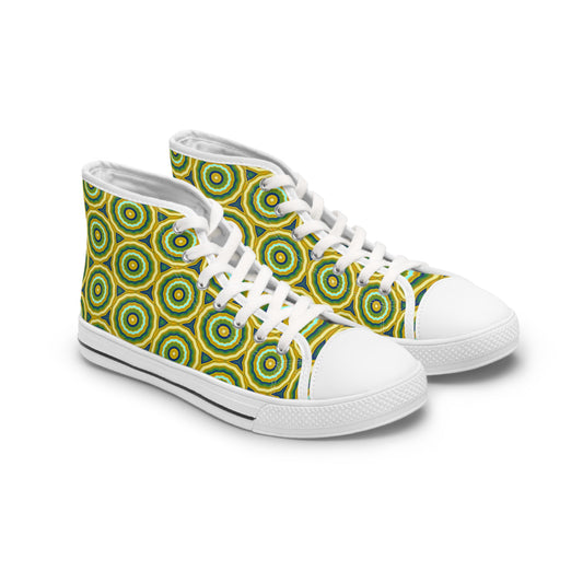 Green Geometric Mod 70's Inspo Women's White Canvas High Top Sneakers