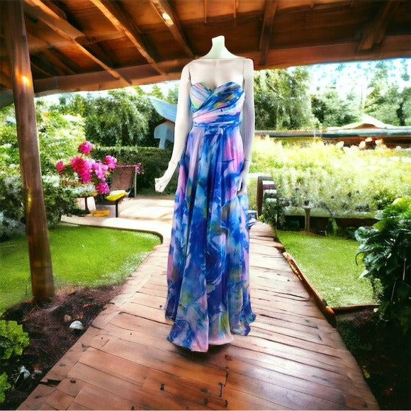 La Femme Size 00 Multi-Color Floral Chiffon Formal Gown Pockets Prom Wedding NEW