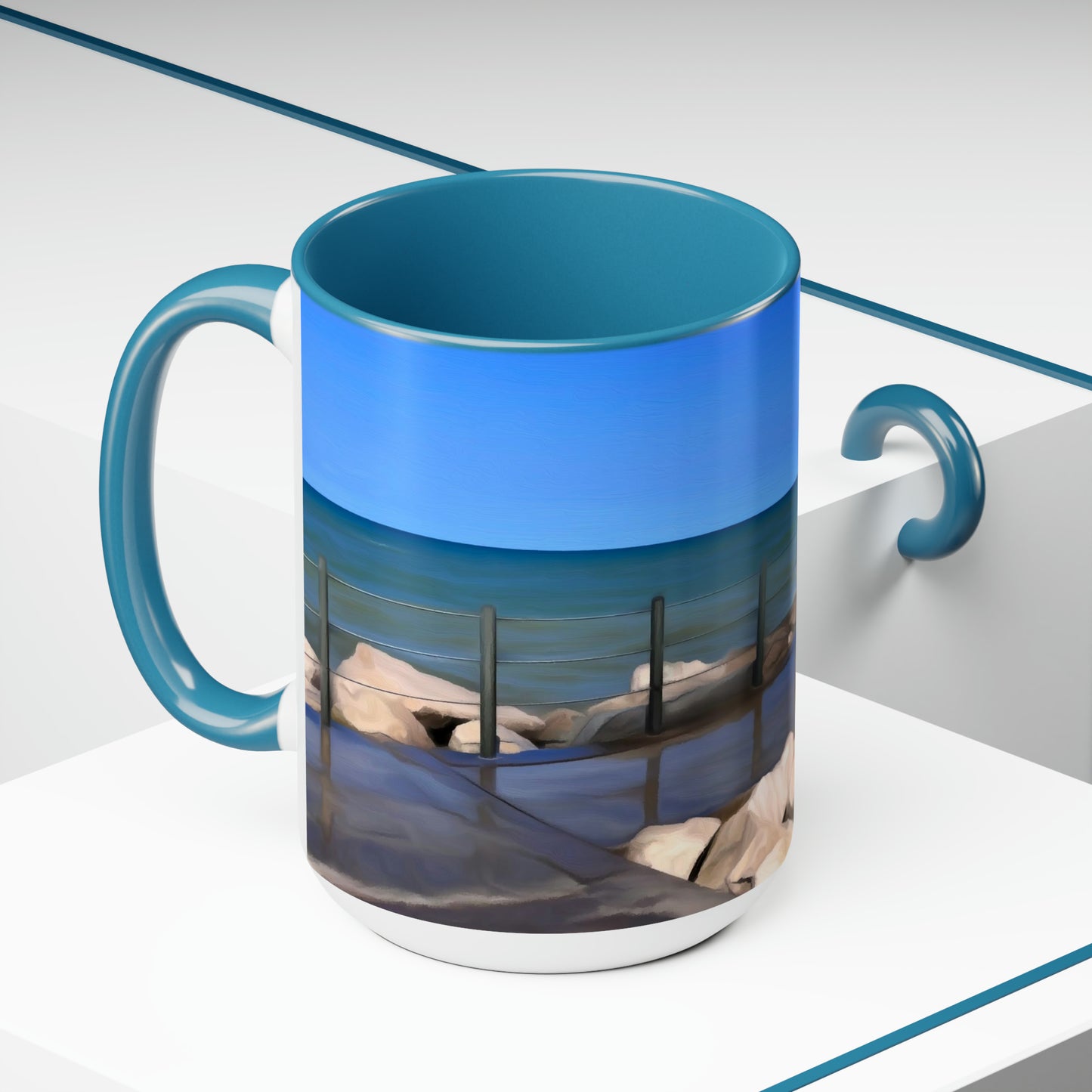 Geneva-on-the-Lake Erie Ohio Waves Nature Art to Drink Two-Tone Coffee Mugs, 15oz