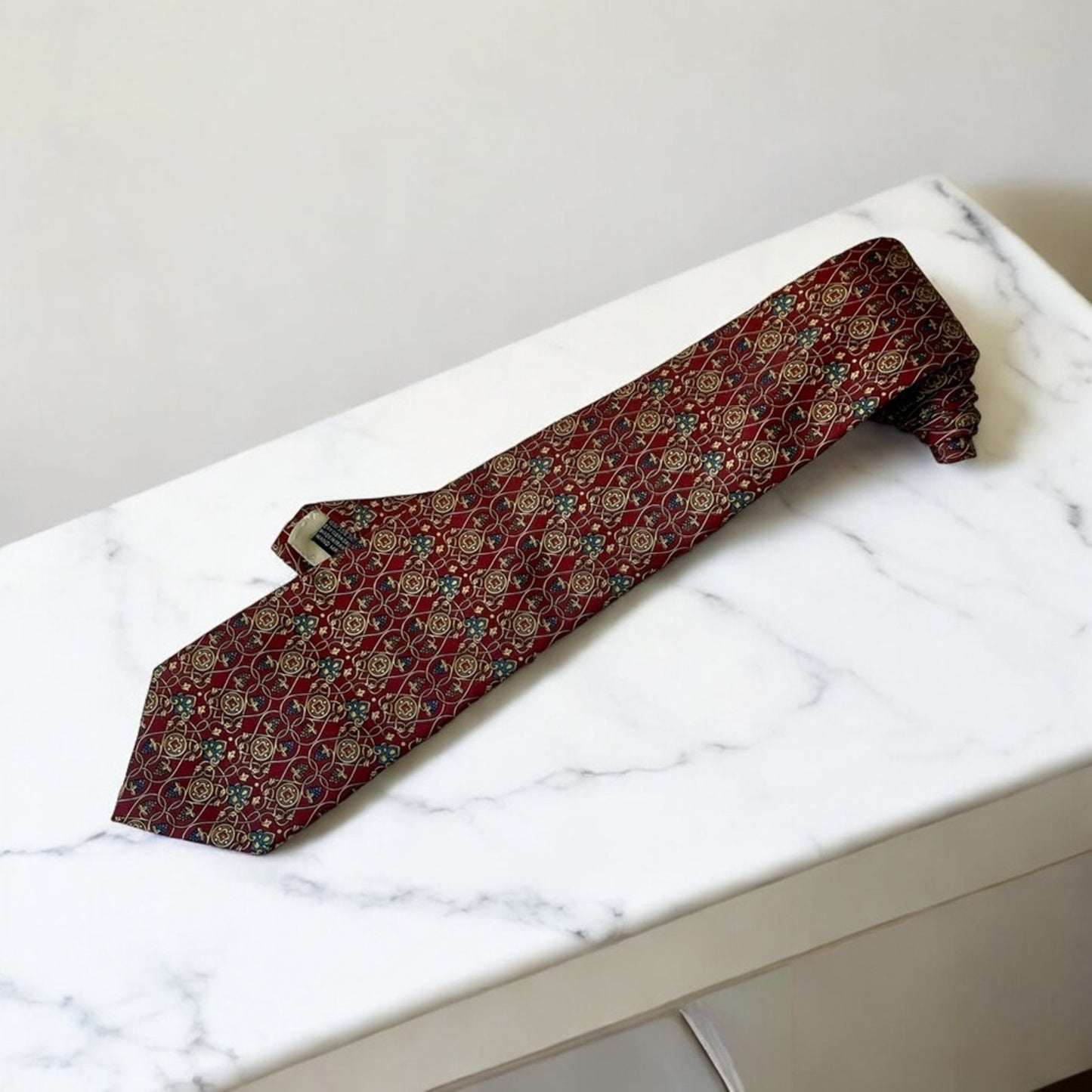 Pierre Balmain PARIS Made in France 100% Silk Burgundy Geometric Motif Neck Tie