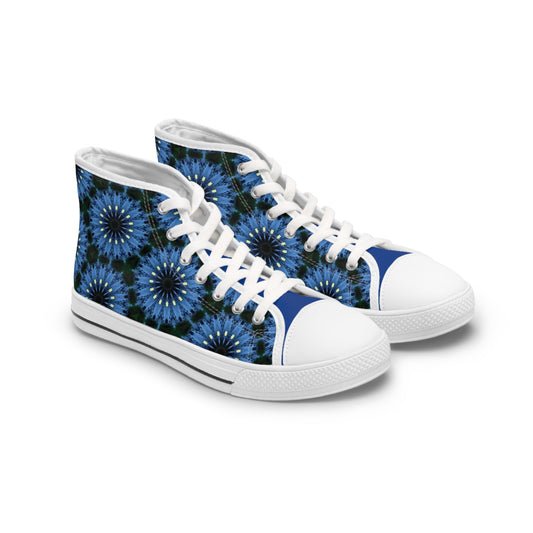 Blue and Gold Floral Bloom Pattern Women's White Canvas High Top Sneakers