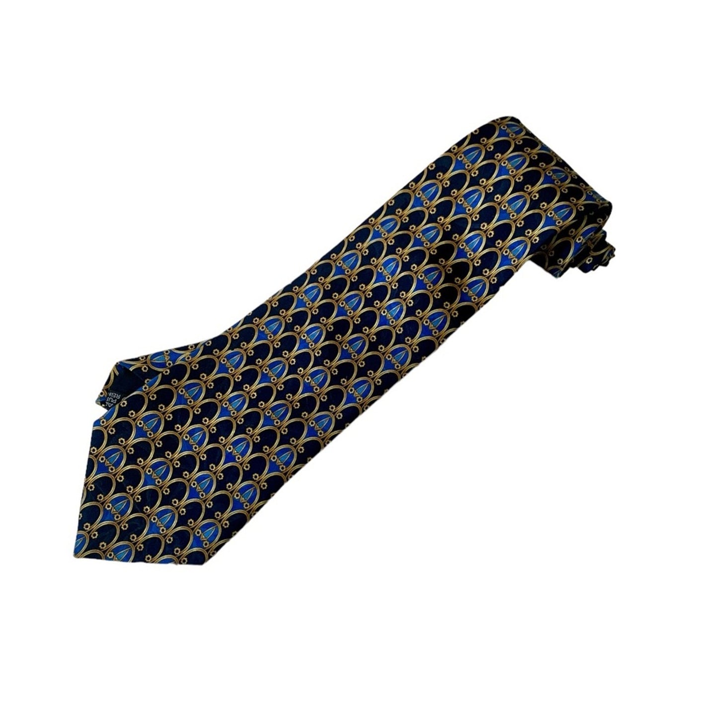 Vintage LANVIN Paris 100% Silk Made in France Blue and Gold Geometric Designer Neck Tie