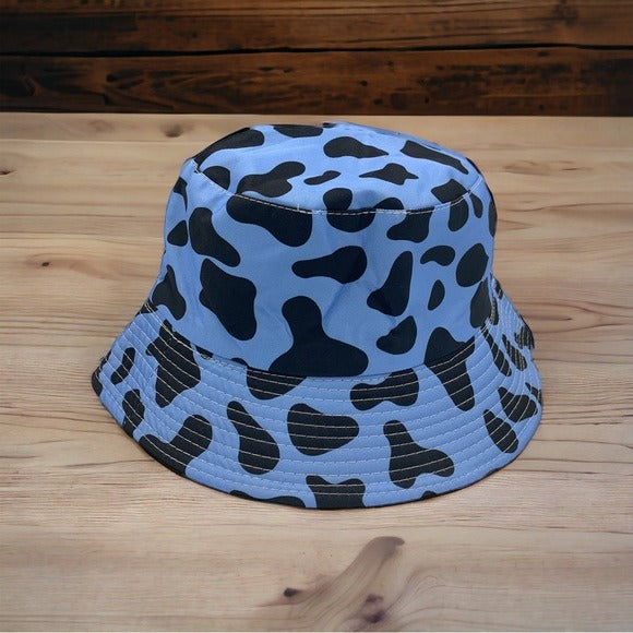 Boutique Blue and Black Cow Print Fully Reversible Bucket Hat Trendy OSFM