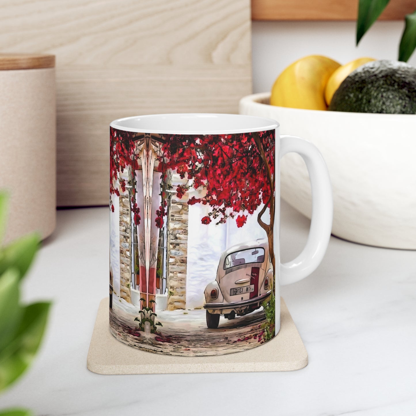 Cherry Trees and VW Beetles Art to Drink Ceramic Coffee Mug, 11oz