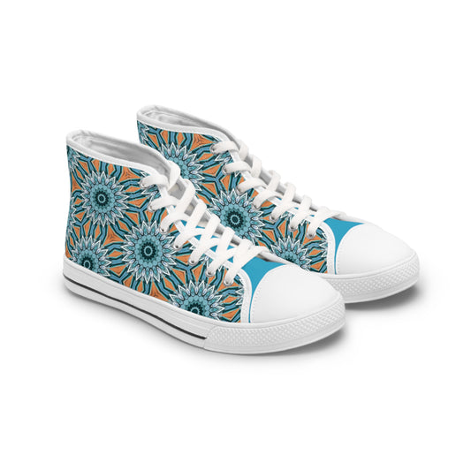 Blue Bloom Print with Orange Accent Women's High Top Canvas Sneakers