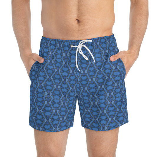 Blue Geometric Pattern Swim Trunks