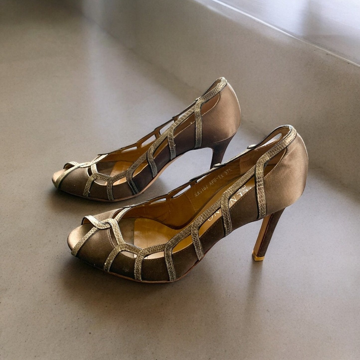 Valentino Garavani Size EU 37.5 Brown Satin Peep Toe Heels with Silver Trim