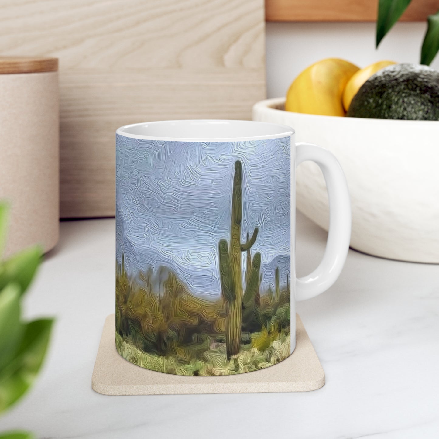 A Blue Gray Day in the Desert with Cactus Ceramic Coffee Mug 11oz