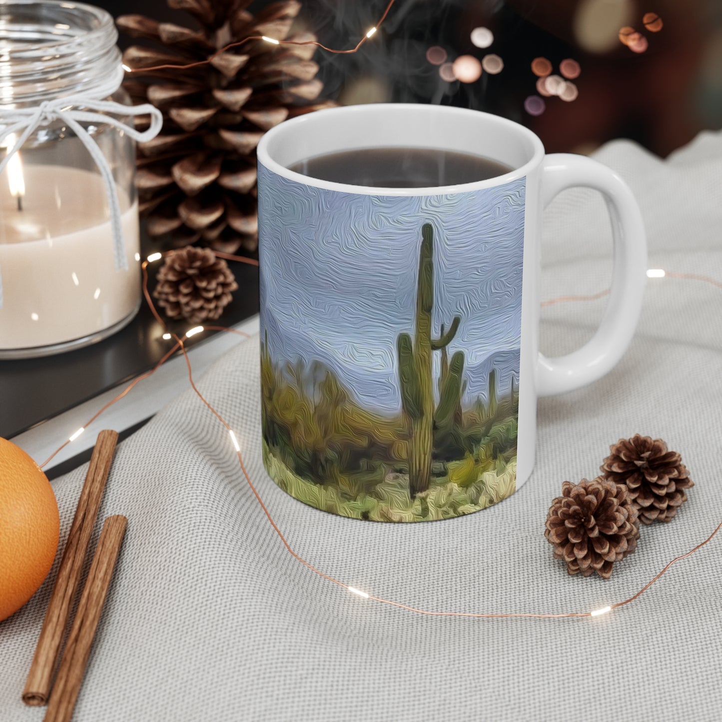 A Blue Gray Day in the Desert with Cactus Ceramic Coffee Mug 11oz