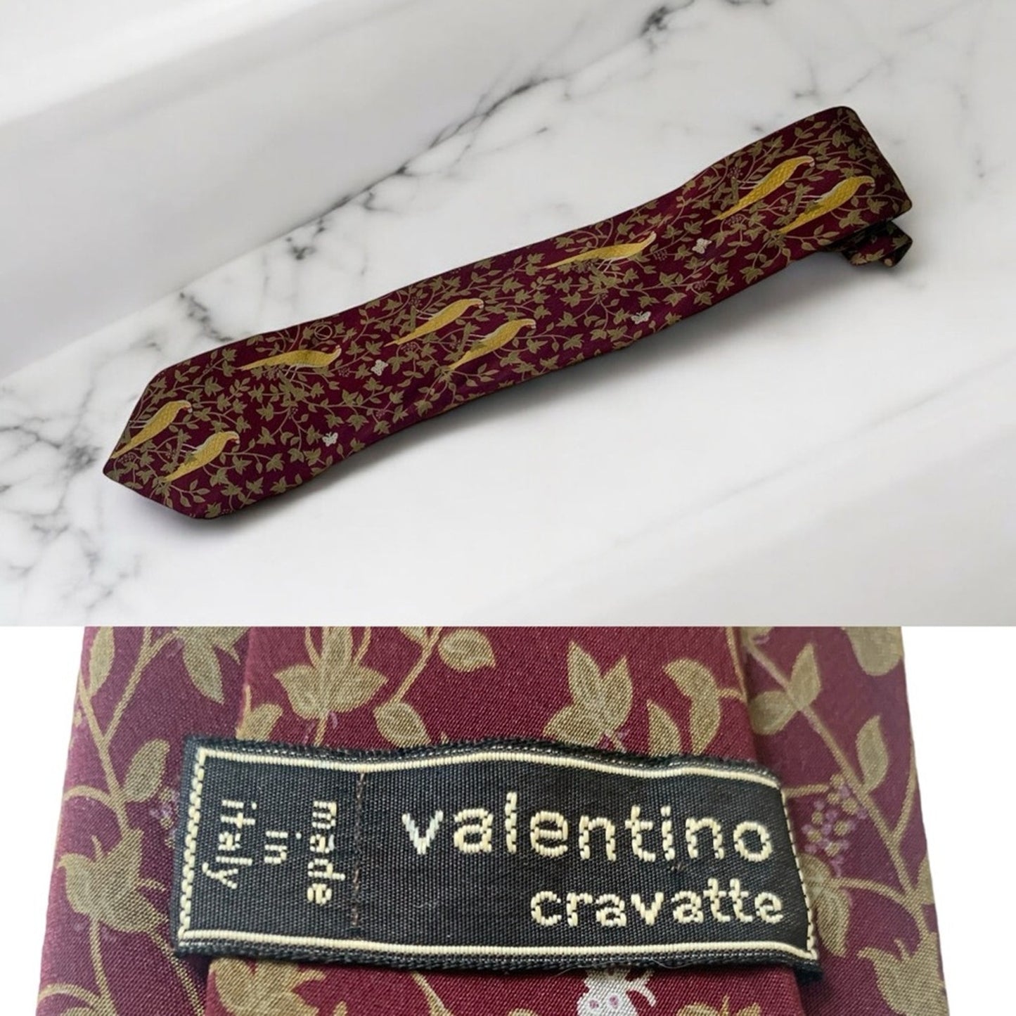 VTG Valentino Cravatte Burgundy 100% Silk Bird Nature Print Designer Neck Tie