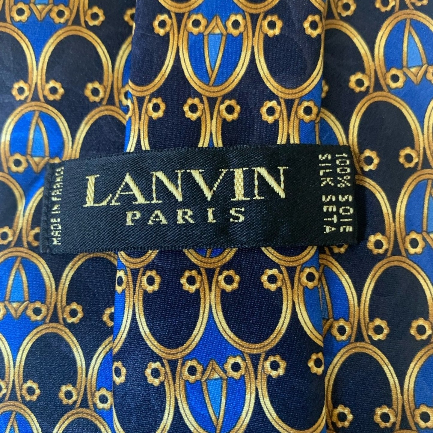 Vintage LANVIN Paris 100% Silk Made in France Blue and Gold Geometric Designer Neck Tie