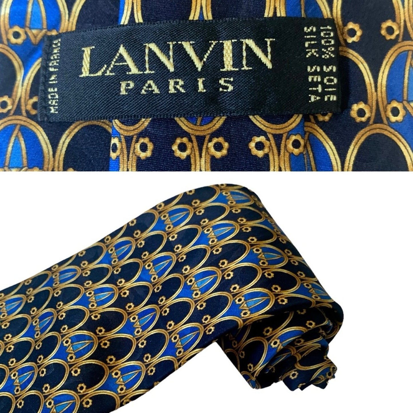 Vintage LANVIN Paris 100% Silk Made in France Blue and Gold Geometric Designer Neck Tie