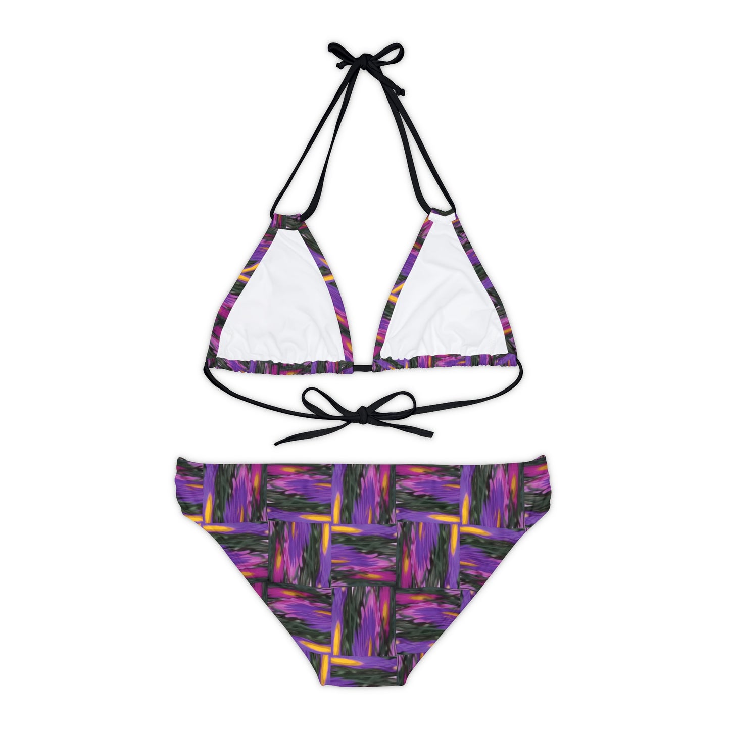 Purple Geometric Basketweave Pattern Strappy Bikini Set