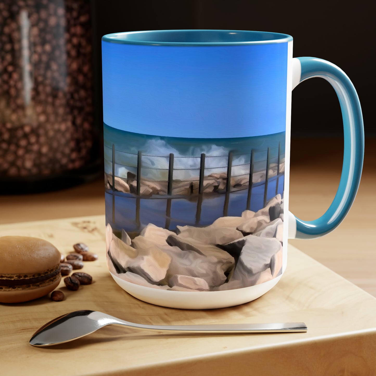 Geneva-on-the-Lake Erie Ohio Waves Nature Art to Drink Two-Tone Coffee Mugs, 15oz