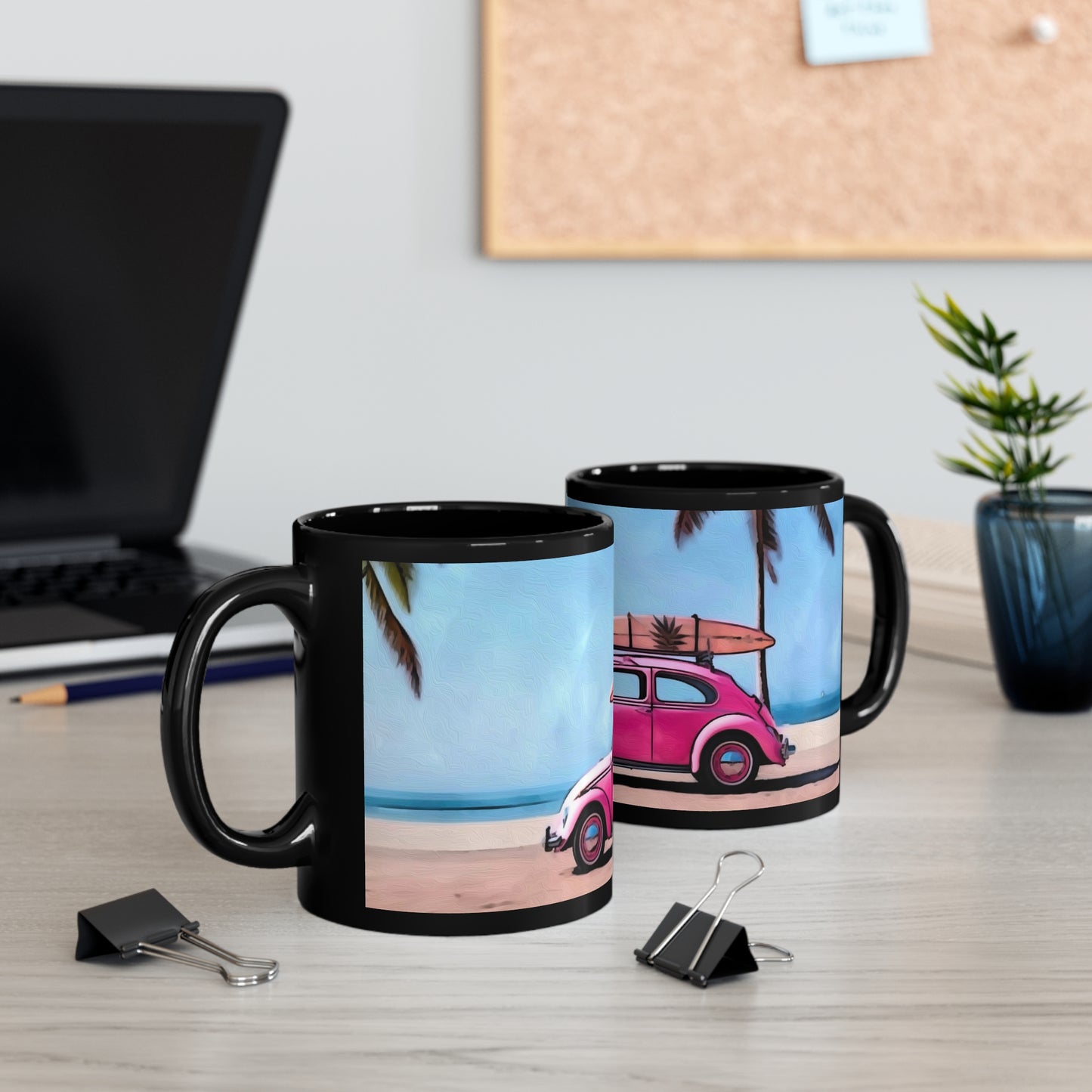 Bright Pink Classic VW Beetle Bug California Surfing Culture 11oz Black Ceramic Coffee Mug