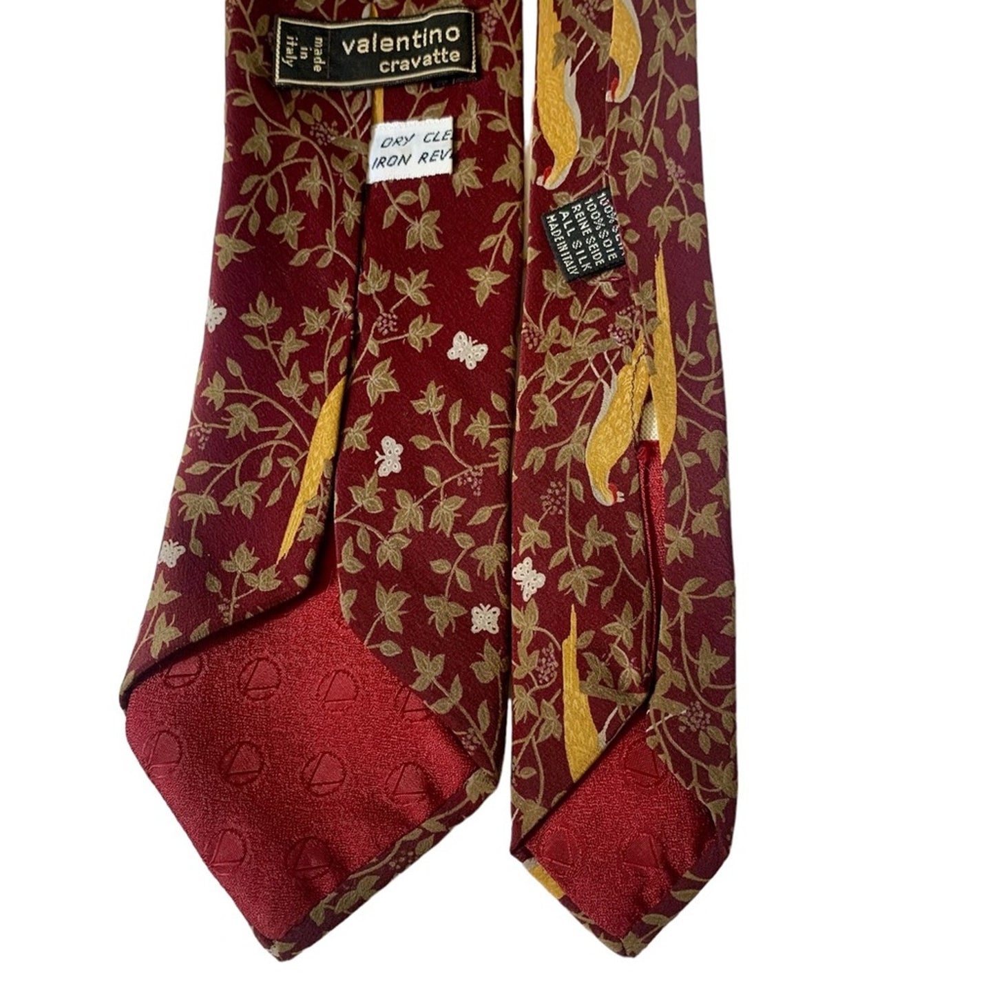 VTG Valentino Cravatte Burgundy 100% Silk Bird Nature Print Designer Neck Tie