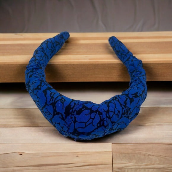 Blue and Black Floral Silk Handcrafted Headband Padded Wide Scrunchy Hair Crown
