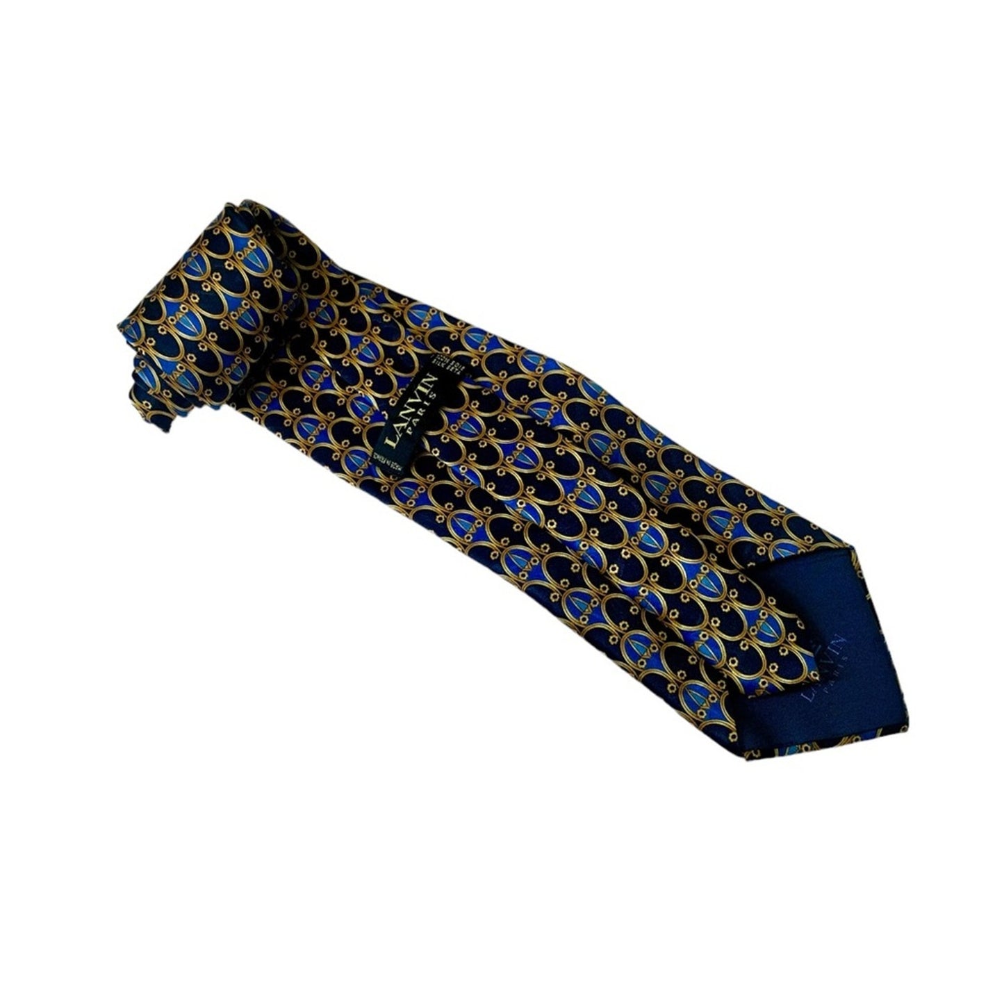 Vintage LANVIN Paris 100% Silk Made in France Blue and Gold Geometric Designer Neck Tie