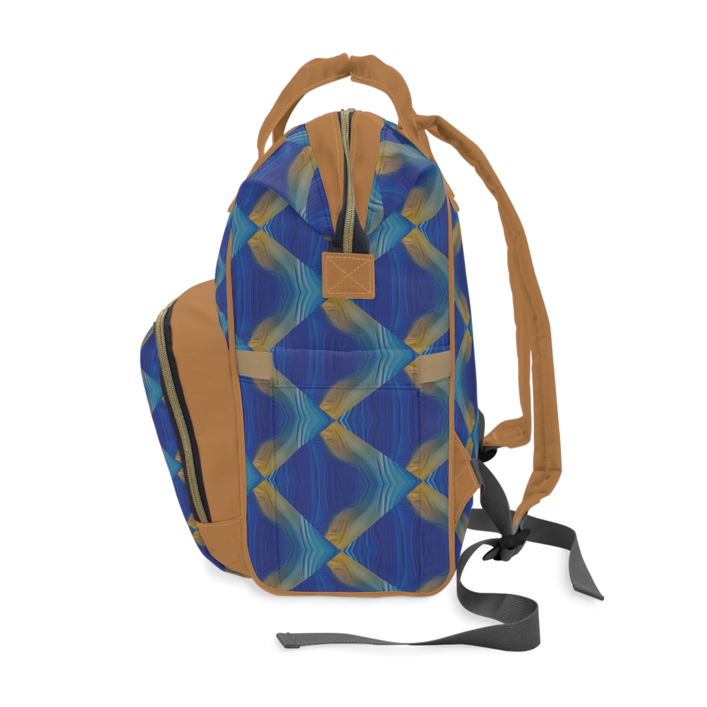 Blue and Brown Geometric Print Multifunctional Diaper Backpack