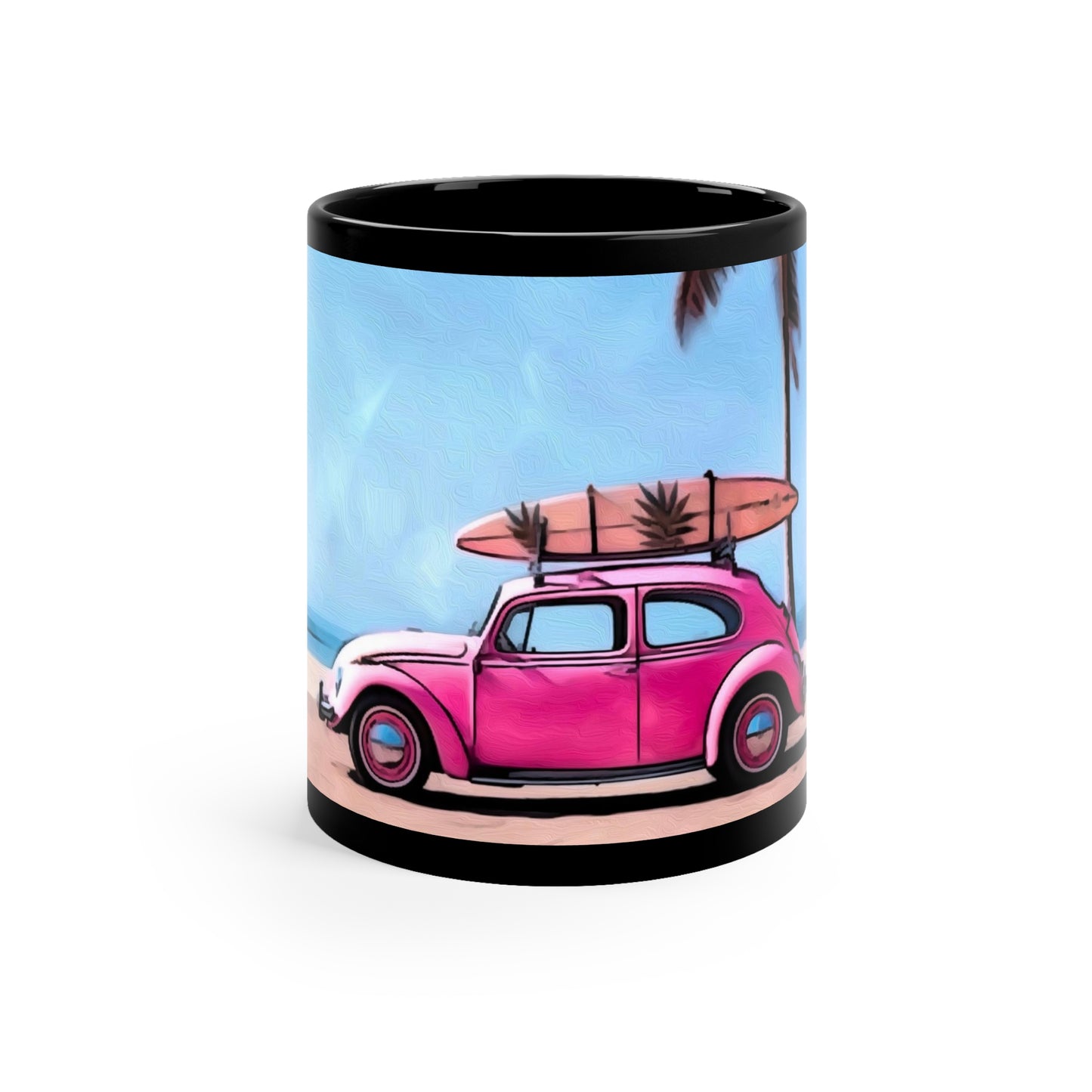 Bright Pink Classic VW Beetle Bug California Surfing Culture 11oz Black Ceramic Coffee Mug