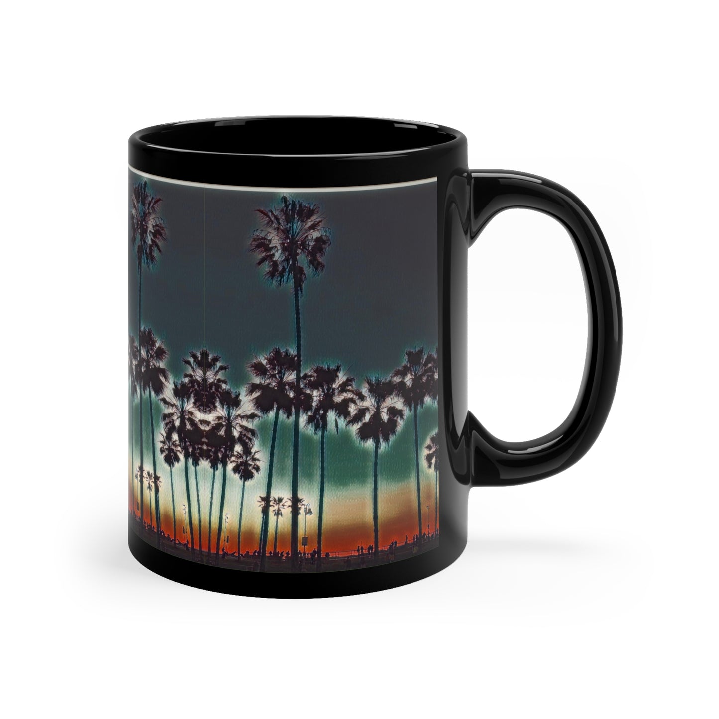 Teal Moody Palm Trees California Living 11oz Black Ceramic Coffee Mug