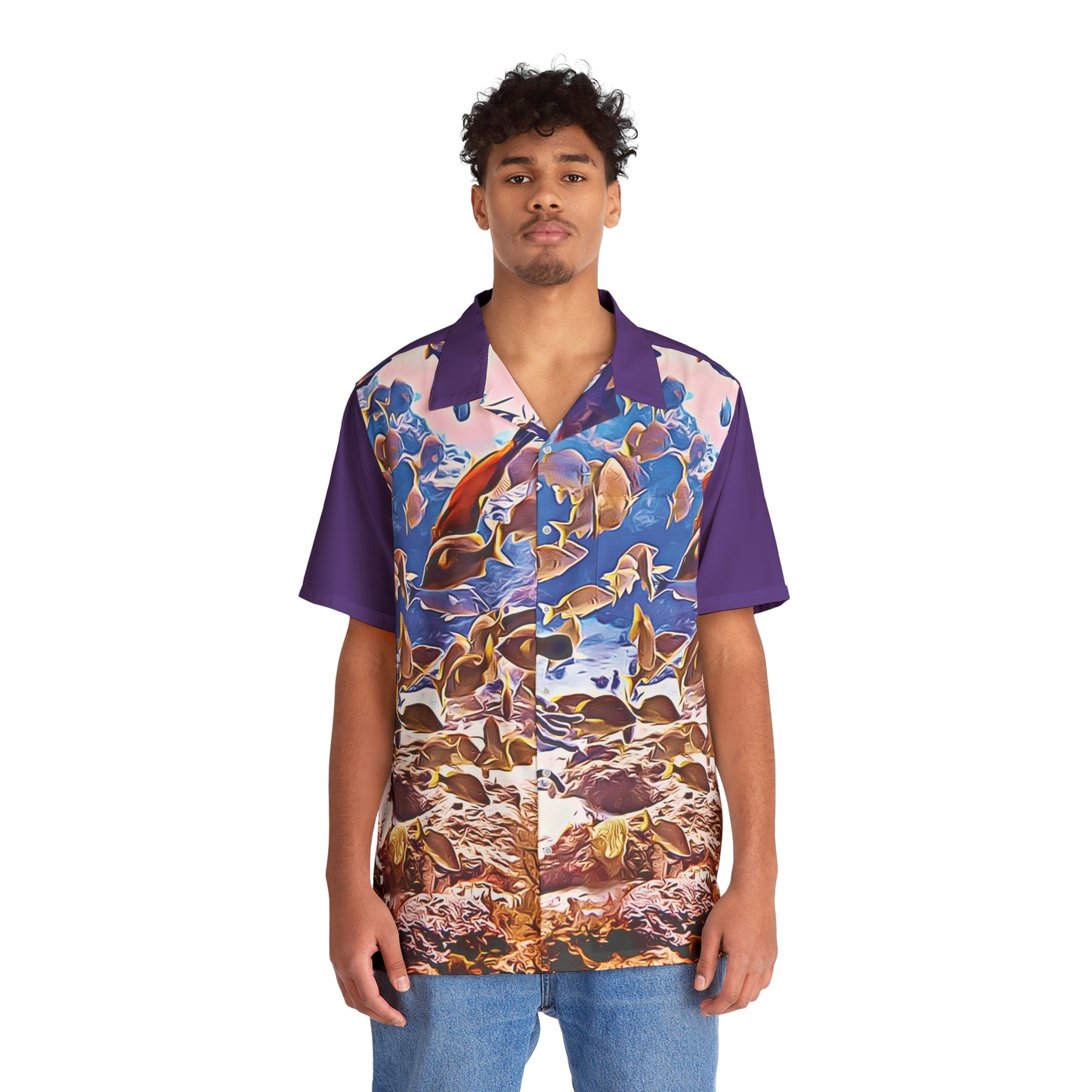 Fish Under the Sea Marine Life Oceanic Landscape Art to Wear Men's Hawaiian Shirt Purple