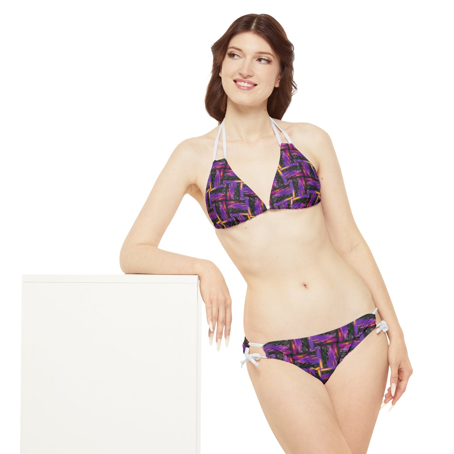 Purple Geometric Basketweave Pattern Strappy Bikini Set