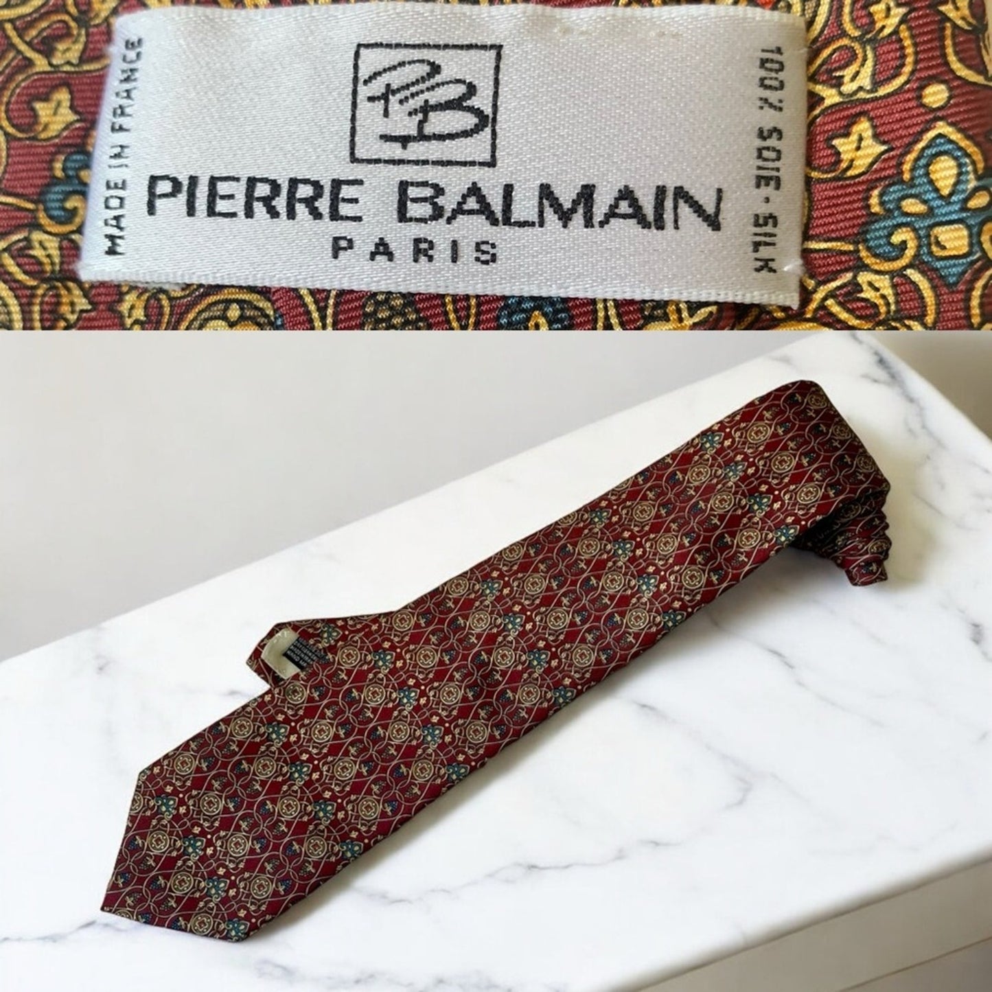 Pierre Balmain PARIS Made in France 100% Silk Burgundy Geometric Motif Neck Tie