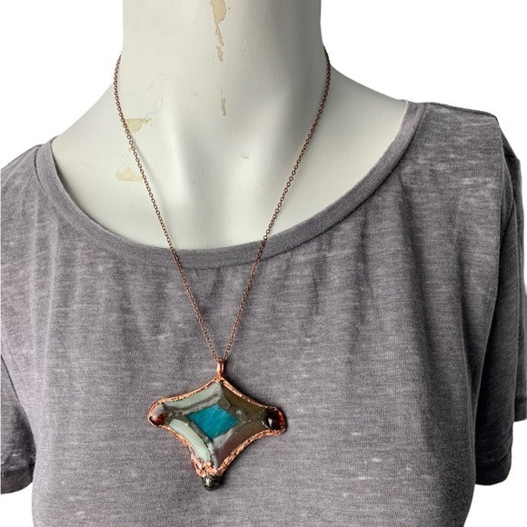 Artisan Handcrafted Multi-Color Stained Glass Statement Necklace Rose Gold Chain
