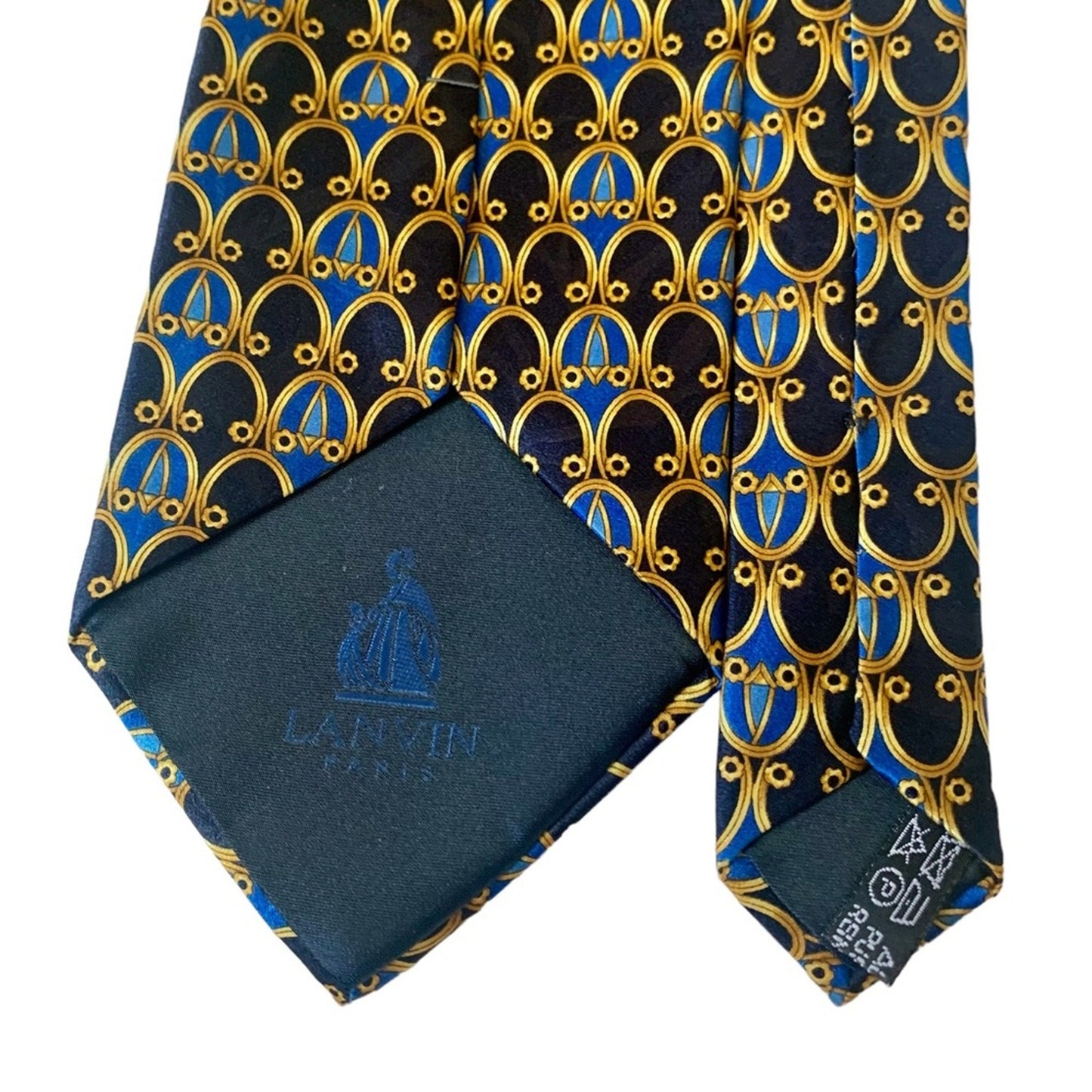 Vintage LANVIN Paris 100% Silk Made in France Blue and Gold Geometric Designer Neck Tie