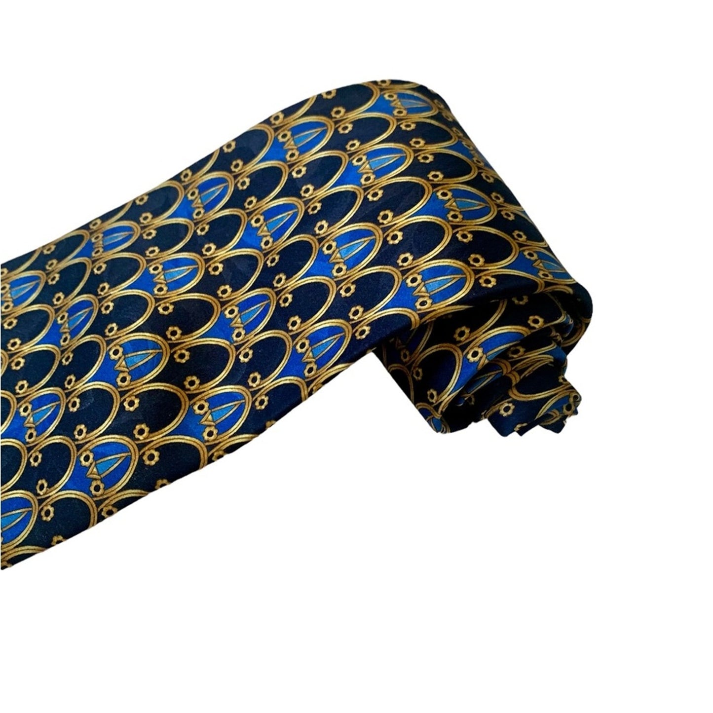 Vintage LANVIN Paris 100% Silk Made in France Blue and Gold Geometric Designer Neck Tie