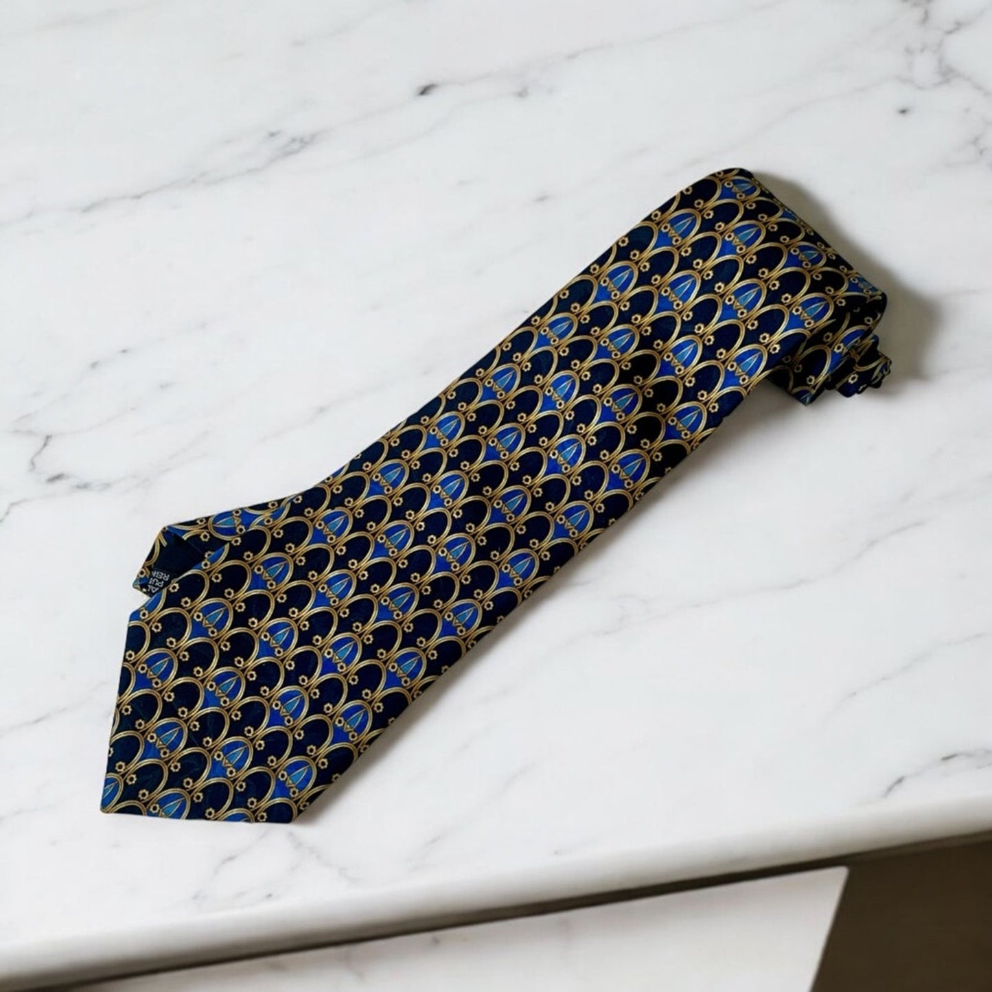 Vintage LANVIN Paris 100% Silk Made in France Blue and Gold Geometric Designer Neck Tie